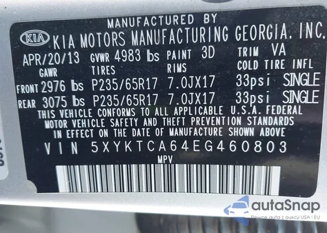 2014 Kia Sorento Lx from USA, damaged, VIN 5XYKTCA64EG460803
